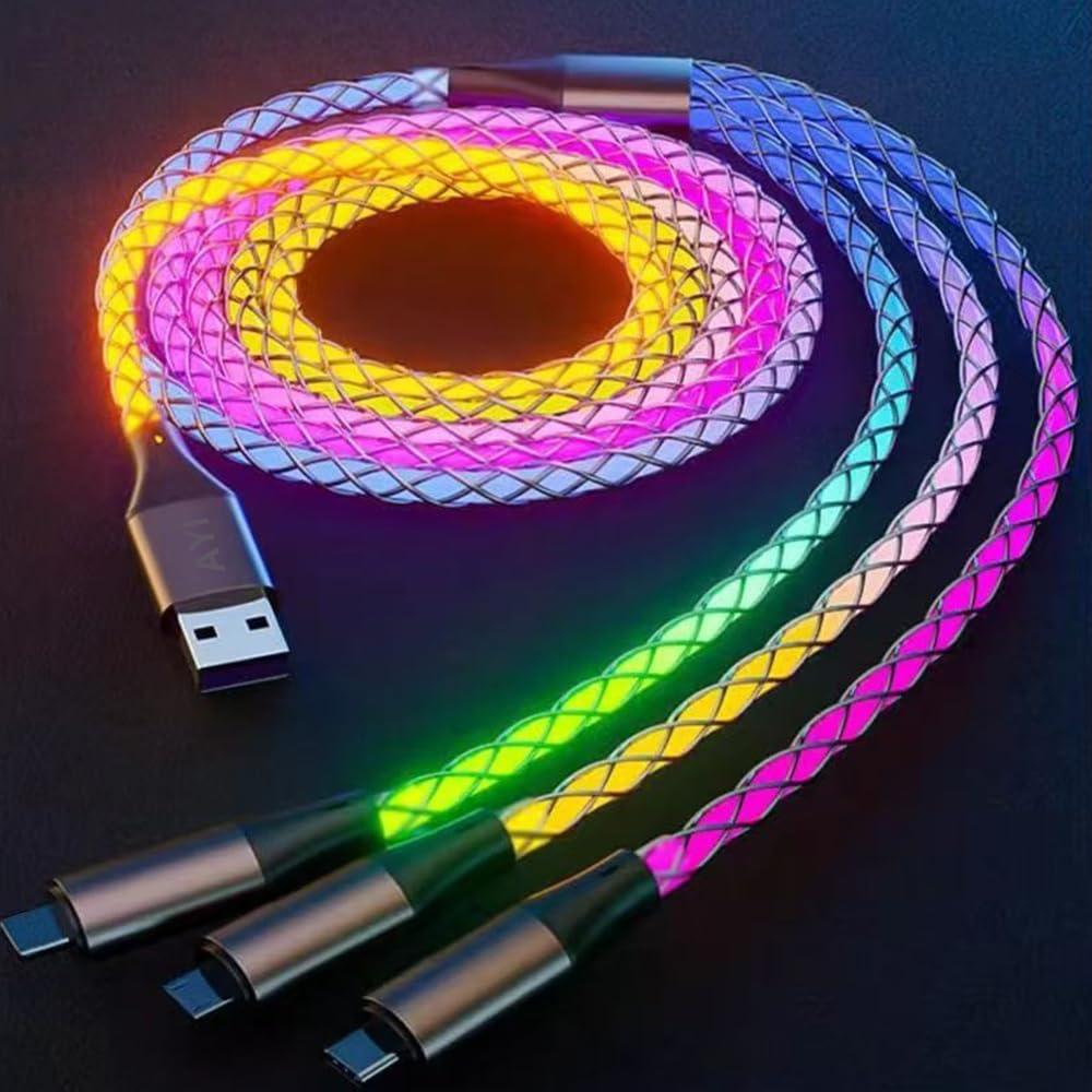 AYI 3 Combinations Multi Ports Charger Cable USB A to USBC Micro PD Fast Charging Cord Lighted Up Current Flowing Compatible with Almost of Electrical Devices-47 inches RGB