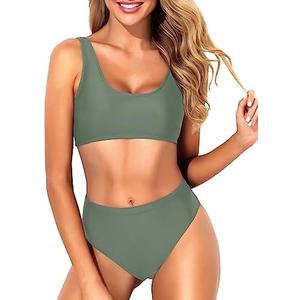 Tempt Me Women Two Piece Scoop Neck Bikini Crop Top Swimsuit Sporty High Waisted Bathing Suit Size M