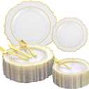 Noemie 300 PCS Premium Clear Plastic Plates, Clear Baroque Dinnerware Set for 50 Guests with Gold Trim Include 50 Dinner & 50 Dessert Plates, 200 Gold Silverware Set