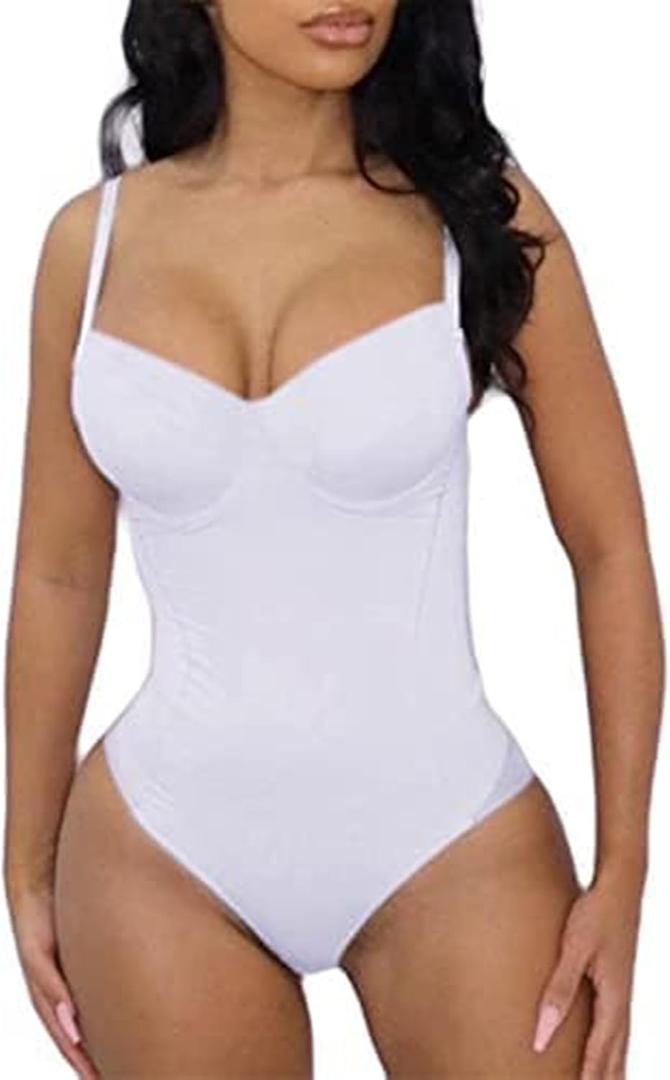 Hilinker Women's Sexy V Neck Spaghetti Strap Sleeveless Bodysuit Camisole Bustier Top White X-Small