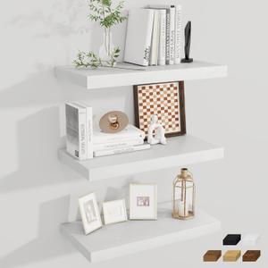 Fun Memories 24 x 12 Inch Deep Floating Shelves, 12 Inch Deep Rustic Wooden Book Shelf, Extra Deeper & Thicker Hanging Shelves for Living Room, Bathroom, Bedroom, Kitchen, Office, Set of 3 (White)