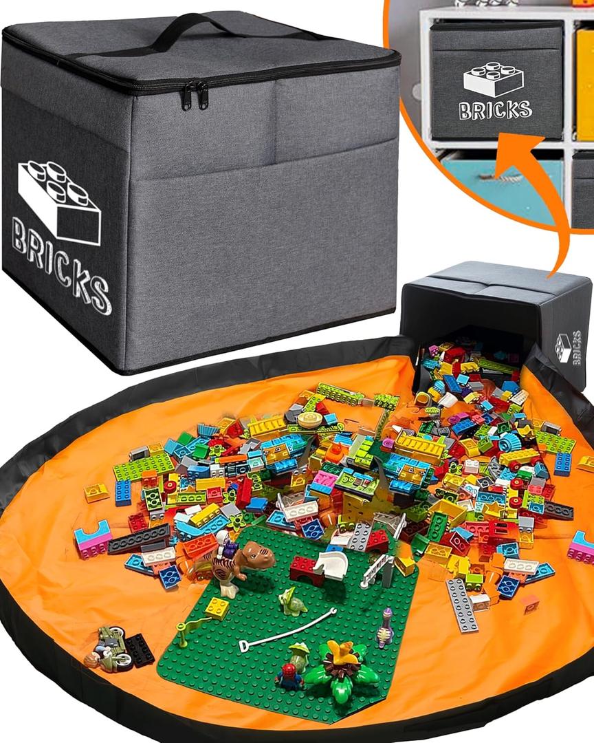 XL Toy Storage Organizer & Play Mat - Storage Bag/Box for Kids, Boys, Girls, Nursery, Playroom - Basket for Building Bricks/Blocks - Collapsible Fabric Cube Bin, 13"x13"x15" (Dark Gray with Print)