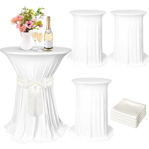 Kochorie 4 Set Cocktail Table Covers with Satin Sash, 32 x 43 Inch Round Cocktail Table Skirt, Spandex Stretch High Top Tablecloth for Wedding Banquet Birthday Party Decorations, (White, Ivory)