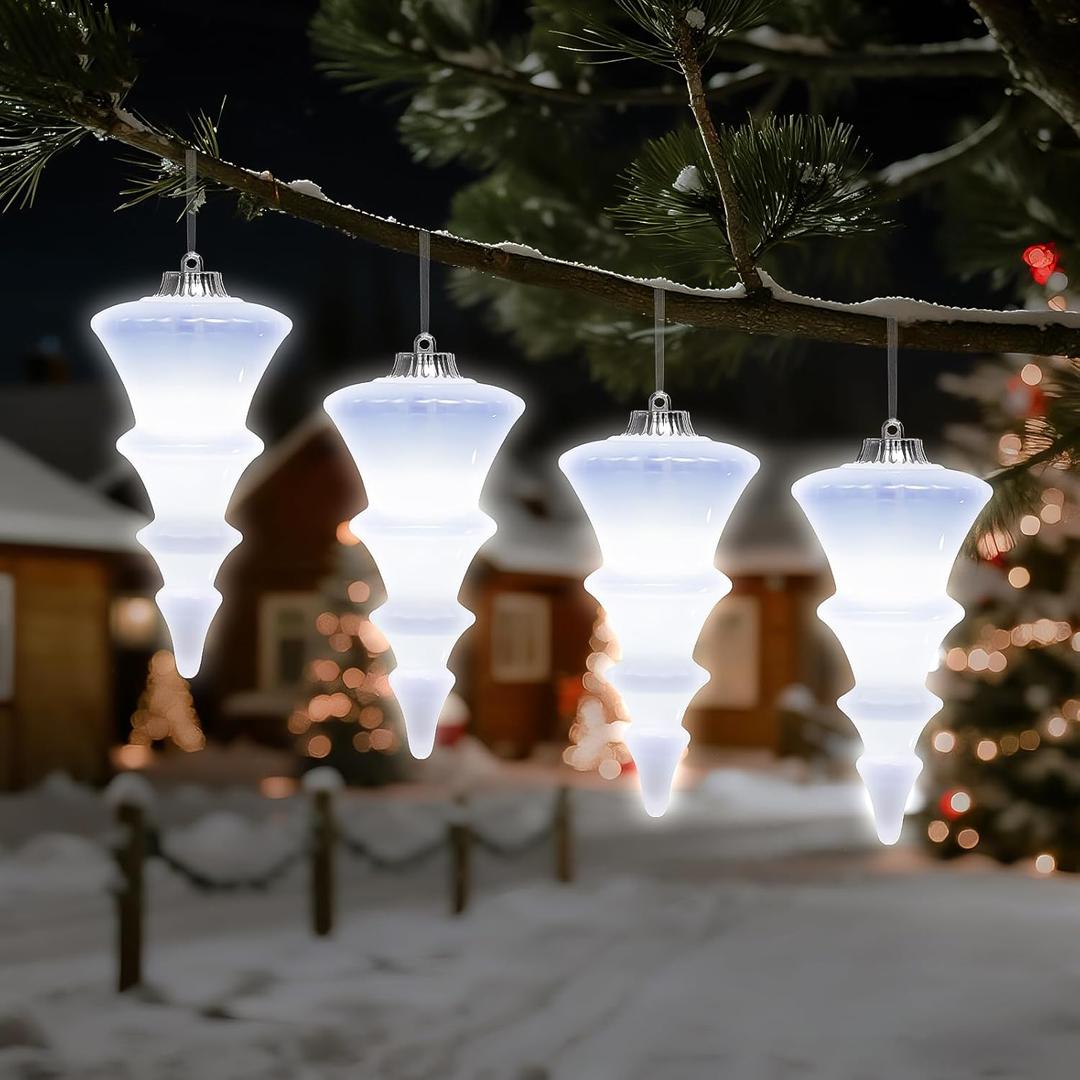 Lanpn 4 Pcs 12" Outdoor LED Ornament, Large Christmas Tree Shaped Bulb, Xmas Battery Powered Ball Lights Decor with Dark Sensor, Christmas Lighted Ornaments for Lawn Garden Yard Patio, White