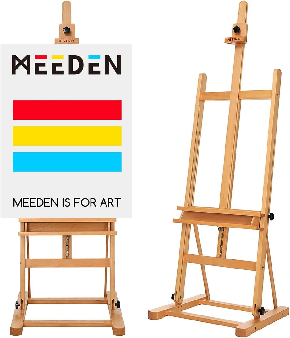 MEEDEN Studio H-Frame Easel with Storage Tray, Solid Beech Wood Artist Painting Easel, Best Wooden Floor Easel, Holds Canvas Art up to 48", Basic Easel