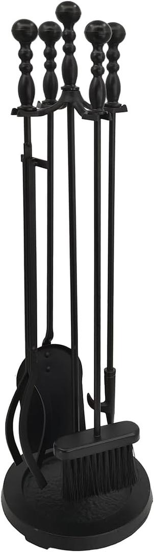 Lizh Metalwork 5 Pieces Black Wrought Iron Fireplace Companion Set,Modern Indoor Outdoor Fireplace Accessories Set,Include Tongs, Shovel, Poker,Brush and Cast Iron Base