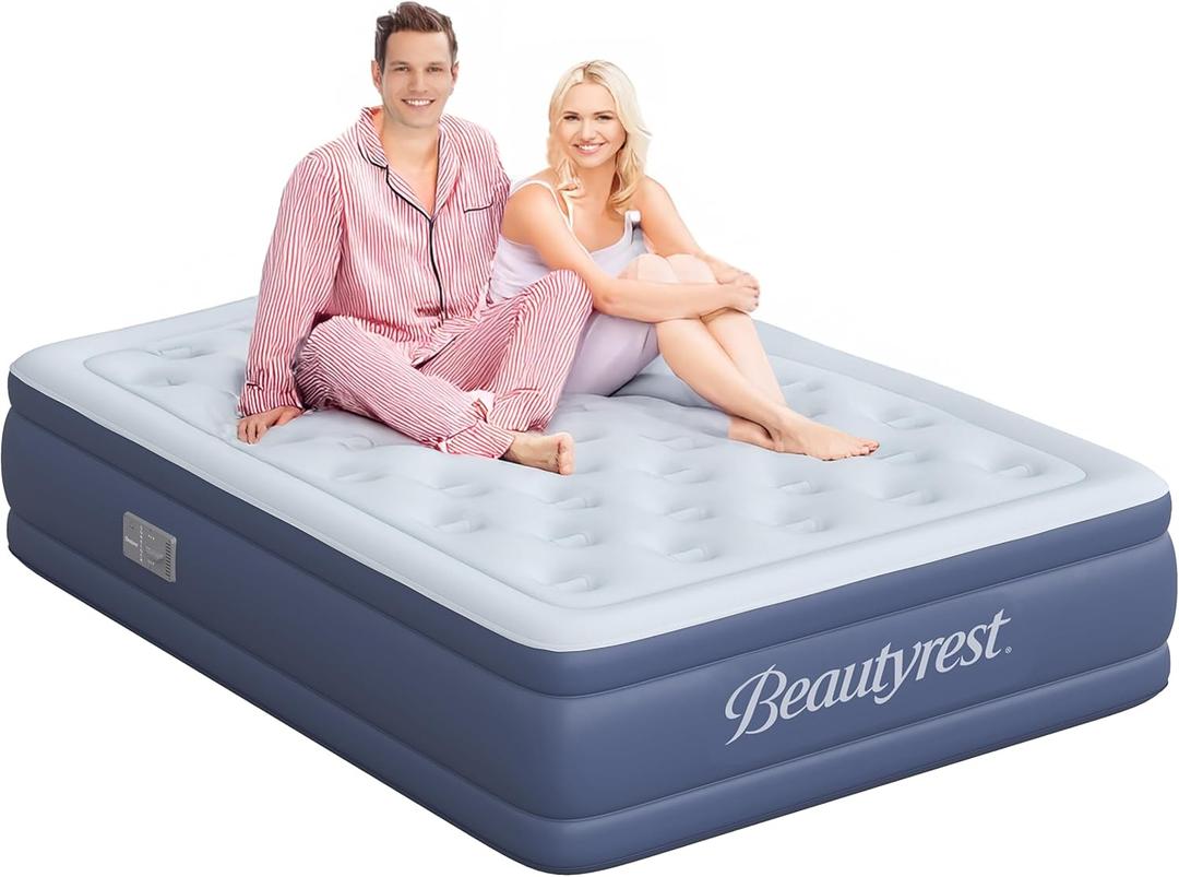 Beautyrest 17" Supreme Air Auto Shut-Off Air Mattress with Built-in SureLock Pump, Puncture-Resistant Dura-Vinyl, Raised Edge Support, Supports 650 lbs, Best for Home, Camping, Guests, Queen