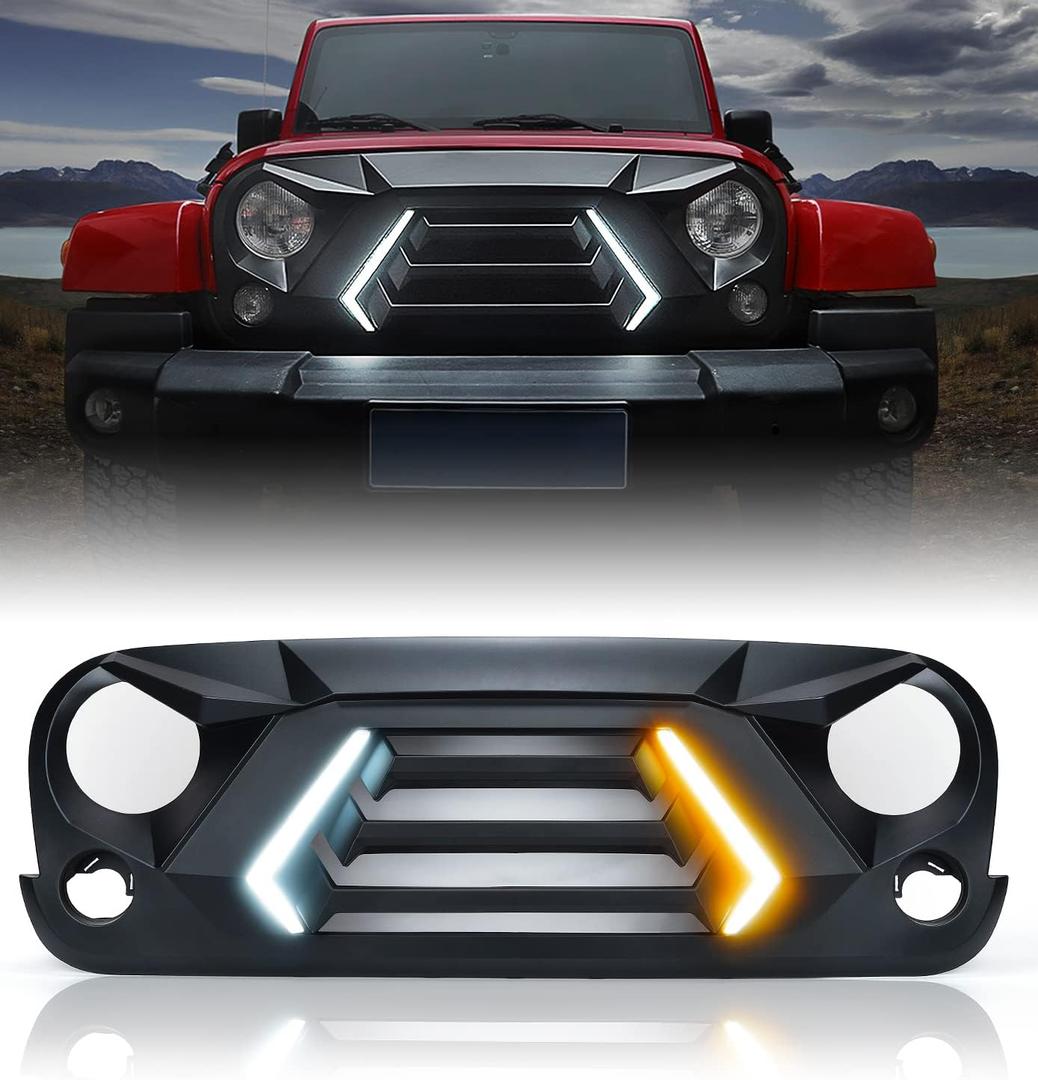 Xprite Front Grill with Turn Signals and Daytime Running Light, Matte Black Grille Compatible with 2007-2018 Jeep Wrangler JK JKU-Patent Design