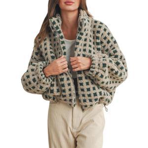 Esmeling Womens Long Sleeve Cropped Sherpa Fleece Plaid Jacket Casual Chunky Teddy Fleece Outerwear (Medium, Green)