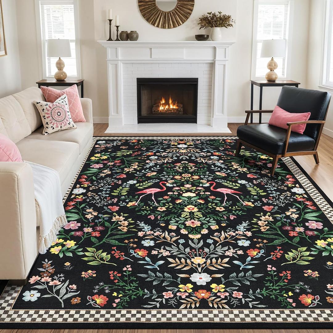 Area Rugs for Living Room: 5'X7' Area Rug Washable Large Low Pile Floral Rug Non Slip Backing Indoor Floor Throw for Bedroom Kitchen Dining Room Playroom Office, Black