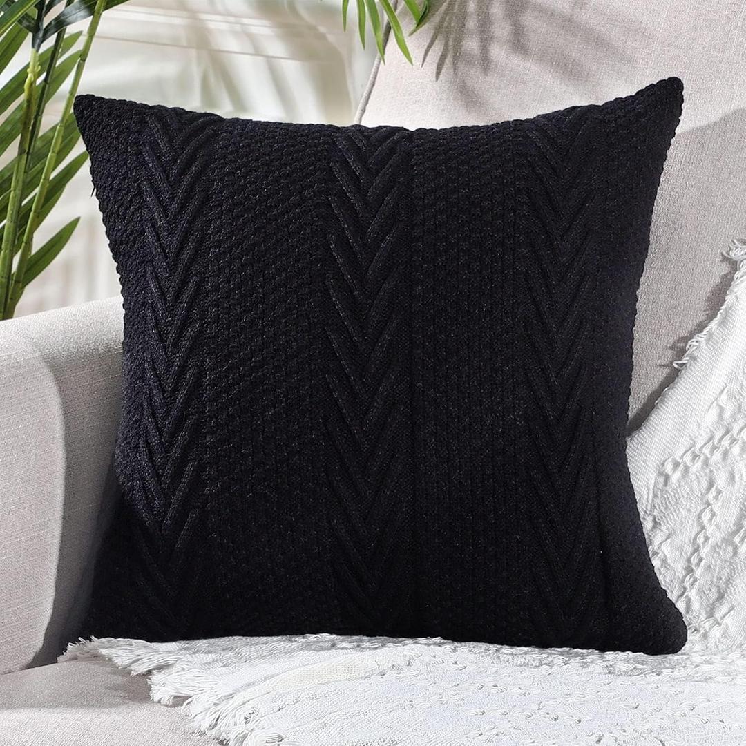 MANDIOO Cotton Knitted Decorative Throw Pillow Covers Soft Cozy Outdoor Cushion Cases Luxury Modern Pillowcases for Couch Sofa Bed 18x18 Inches Black