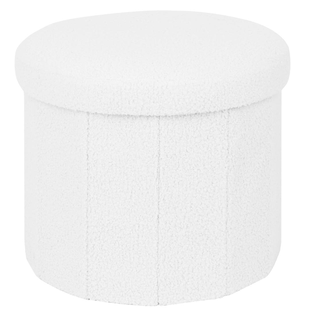 BoxedHome Dorm Room Storage - Round Cute Ottoman with Storage, Boucle Foot Stool Footrest for Lving Room, Support 220lbs, White 15"x 15" x12.6"