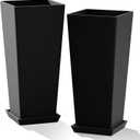 24" Set of 2 Tall Black Planters for Outdoor Plants, Large Flower Pots Planters with Drainage Holes & Tray, Modern Indoor Tapered Planter for Front Porch