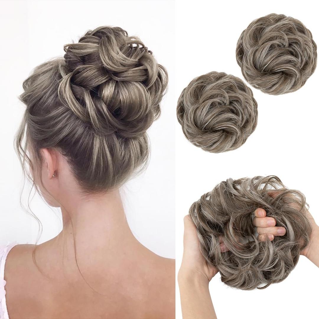 SARLA 2PCS Messy Hair Bun Hair Pieces Wavy Curly Synthetic Updo Fake Scrunchies Ponytail Extension for Women Middle Grey