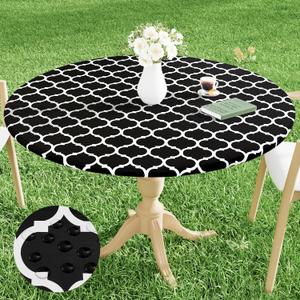 Smiry Round Picnic Tablecloth, Waterproof Elastic Fitted Table Covers for 57" - 68" Tables, Wipeable Flannel Backed Vinyl Tablecloths for Camping, Indoor, Outdoor, Black & White
