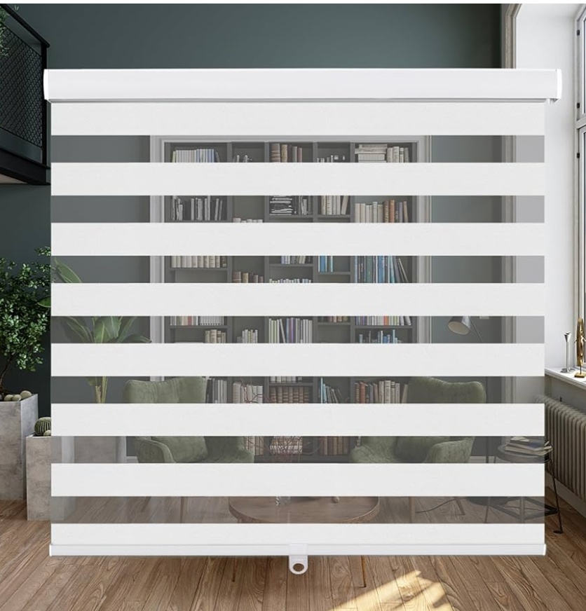 LUCKUP Cordless Zebra Blinds Roller Shades for Windows-Dual Layer High Shading Blinds with Valance High Shading Day Night Privacy Blackout Fabric, 65" W x 72" H, White