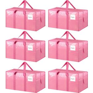 6 Pack Extra Heavy Duty Large Moving Bags with Strong Zipper & Comfortable Handles, Sturdy & Durable Clothes Storage Bags Totes Bins, Packing Moving Boxes for College Supplies, Pink