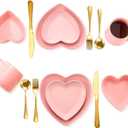 Suclain 14 Pcs Heart Shaped Dish Set Valentine's Day Include 4 Matte Heart Shaped Ceramic Dinner Plate, 2 Pink Bowls, 2 Ceramic Coffee Mug, 6 Gold Cutlery Set for Party (Pink)
