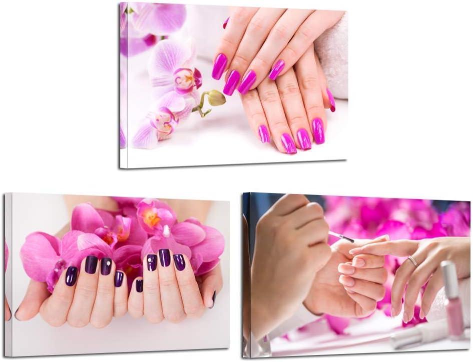 KREATIVE ARTS 3 Pieces Canvas Prints Purple Orchid Flowers Nail-Painting Wall Art Hands Spa Pictures Beauty Salon Manicure Posters Printed On Canvas for Nail Salon Walls Decor 16x24 inch x 3pcs