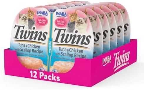 INABA Twins for Cats, Shredded Chicken & Broth Gelée Side Dish/Topper Cups with Green Tea Extract, 1.23 Ounces per Serving, 12 Servings, Tuna & Chicken with Scallop Recipe BB 03/25/2027