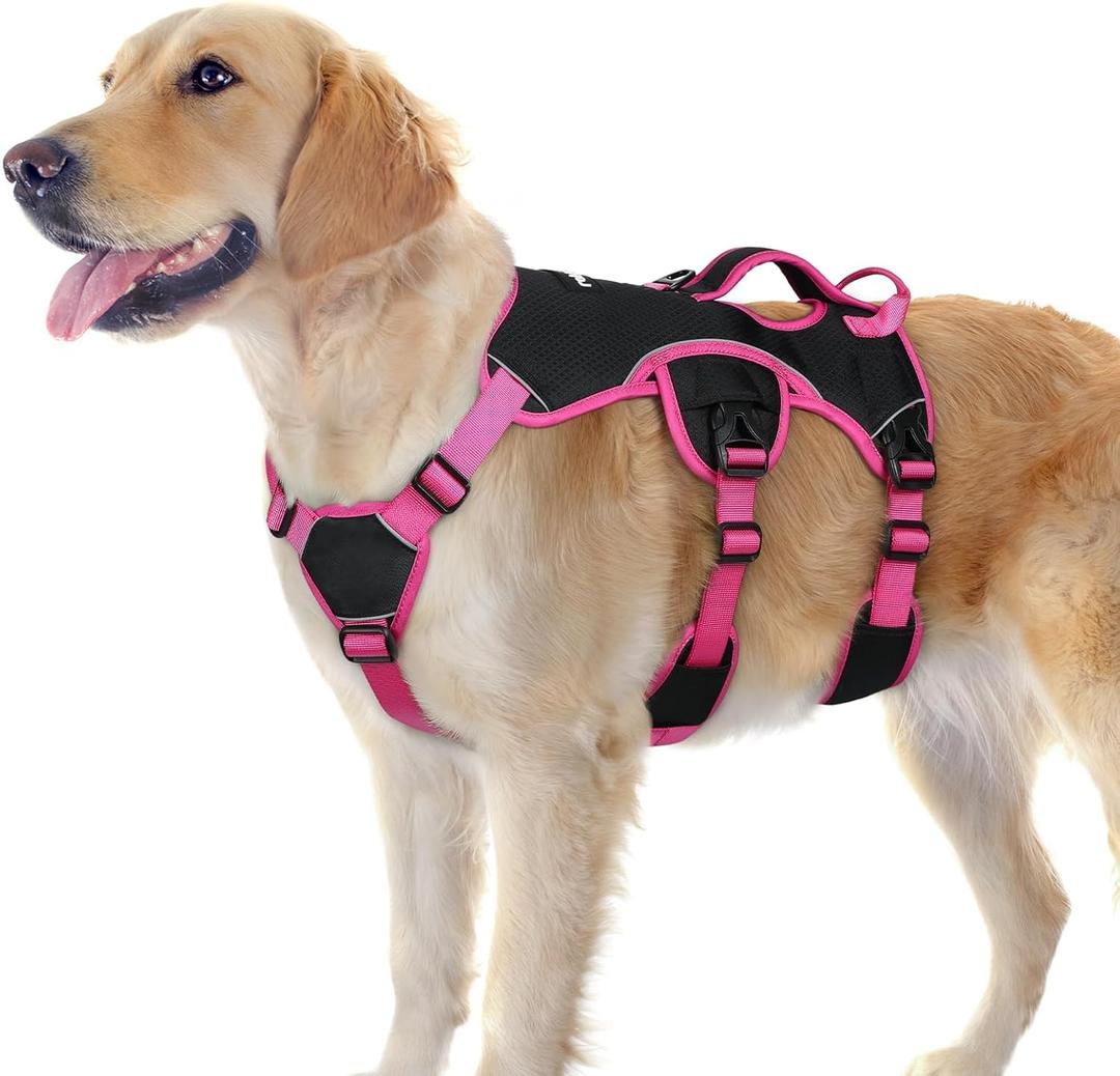 rabbitgoo Escape Proof Dog Harness Large Dogs, Soft Padded Full Body Pet Harness, Reflective Adjustable No Pull Vest with Lift Handle and Leash Clip for Walking Hiking Training, Pink & Black, L (Large (Pack of 1))
