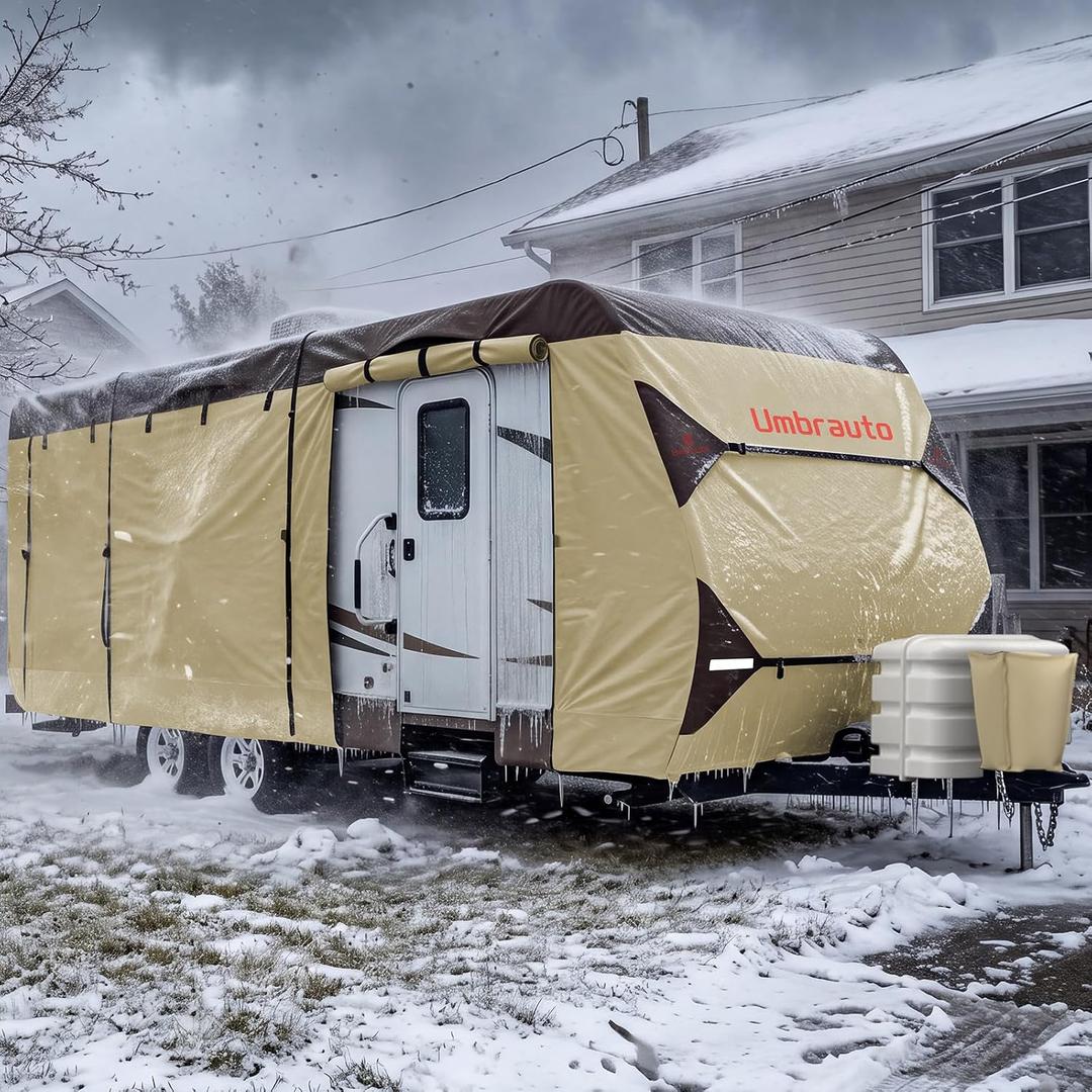 Umbrauto Travel Trailer RV Cover 20' ~ 22' Upgraded 7-Layer Top Camper Cover, Waterproof & Windproof Heavy Duty Toy Hauler RV Cover for Winter Snow with Tongue Jack Cover, Gutter Covers