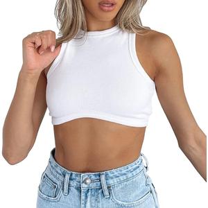 Abardsion Women's Crew Neck Racerback Knit Ribbed Basic Sleeveless Crop Tank Tops (Large, White)