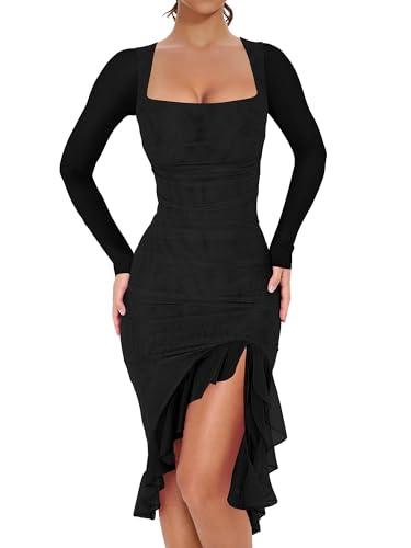 BORIFLORS Women's Sexy Ruched Bodycon Midi Dresses Elegant Mesh Long Sleeve Square Neck Ruffle Hem Cocktail Party Dress, Large, Black