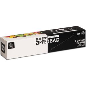24/7 Bags- 2 Gallon Food Storage Bags, 25 Count, Double Zipper Seal, 2.5 Mil Thick, Easy Grip Open Tabs, Write-On Space, BPA-Free, Microwave Safe, Non-StandUp