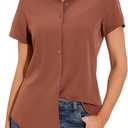 GUANYY Women's Short Sleeve Button Down Shirt Womens Shirts Dressy Casual Business Work Blouses V Neck Collared Tops (X-Large, Coffee)