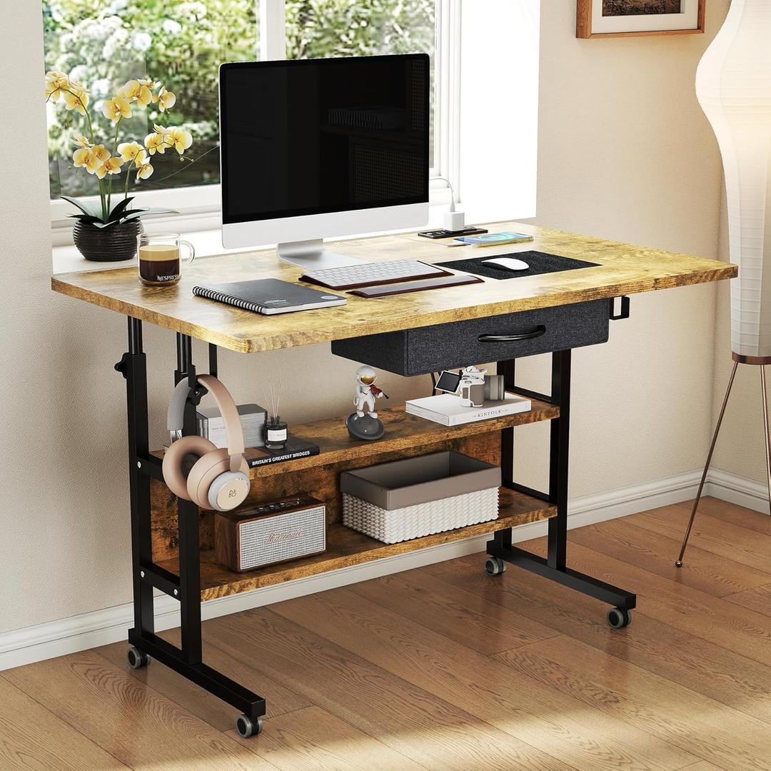SIDUCAL Portable Standing Desk with Charging Station, Manual Stand Up Desk with Storage Shelves & Drawers, Mobile Laptop Desk with Wheels for Home Office & Treadmill Walking Pad, 39"x24" Rustic Brown (40")