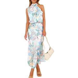 PRETTYGARDEN Women's 2026 Summer Satin Dress Elegant Sleeveless Mock Neck Cocktail Party Maxi Dresses Small, Print Blue