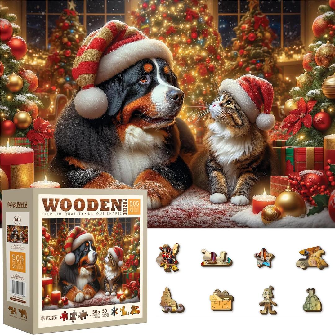WOODEN.CITY 500 Piece Wooden Christmas Puzzle with 50 Unique Festive Figurines  Christmas Dog and Cat - 15,5 x 10,5 inches, Crafted in The EU