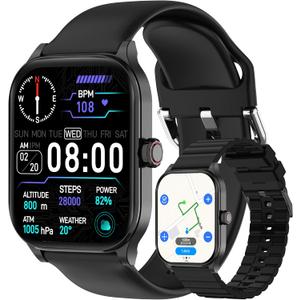 Smart Watch with Built-in GPS and Offline Maps, 1.96" HD Display, Answer/Make Calls, 100+ Sport Modes, Heart Rate/Sleep/SpO2 Monitor, Fitness Activity Tracker for Android and iPhone, 2 Bands, Black