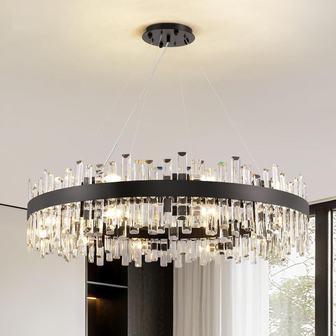 Siljoy Modern Crystal Chandelier Farmhouse Black Round 2-Tiers K9 Crystal Raindrop Chandelier Adjustable Flush Mount Crystal Ceiling Light for Dining Living Room Entryway Foyer E12x20, D39.4''
