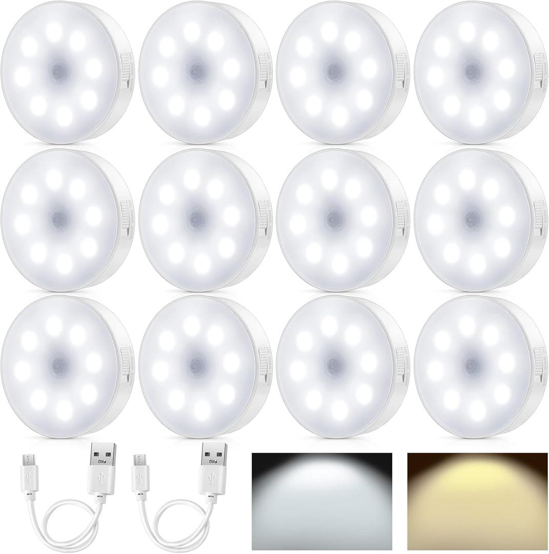 Yahenda Rechargeable Motion Sensor Light Fixture, 12-Piece Indoor LED USB Cordless Battery Powered Night Light for Stairs, Hallway, Bathroom, Kitchen Cabinet, 2 Colors