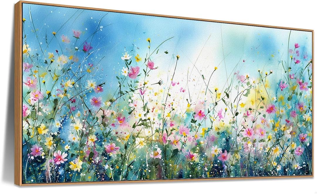 Sorbrozo Floral Meadow Wall Art 20x40 Inch Framed Canvas Print of Colorful Wildflower Painting with Blue Sky Home Decor for Living Room and Bedroom
