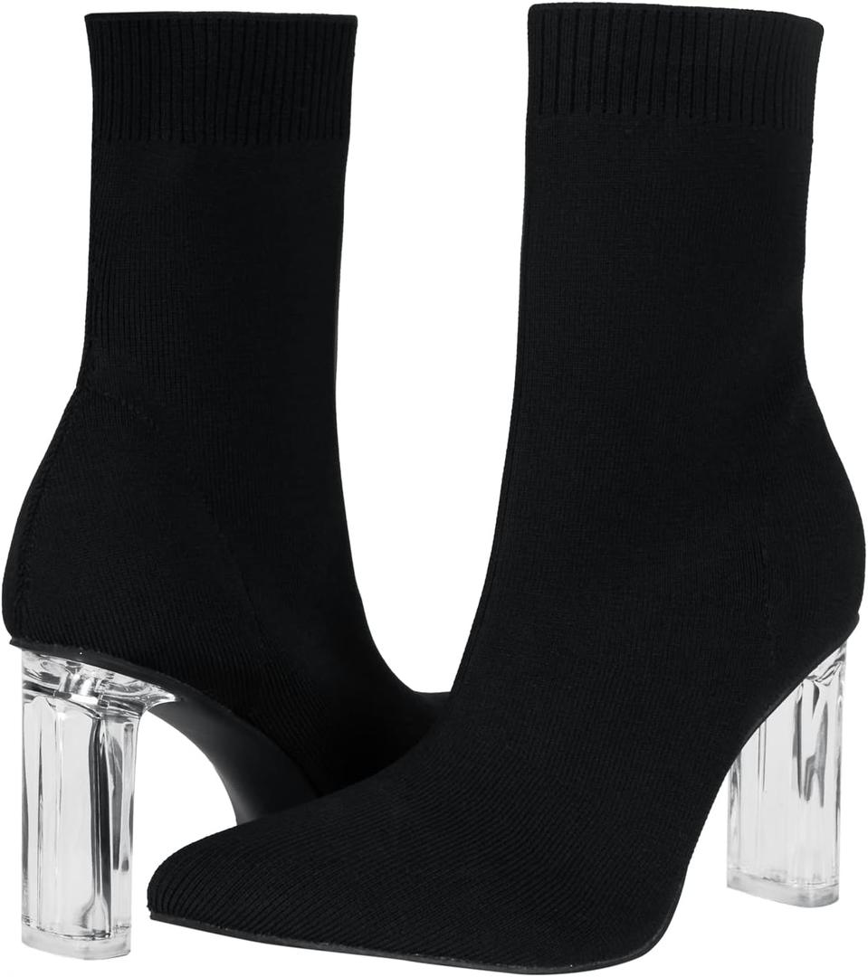 Shoe'N Tale Women's Knit Sock Ankle Boots Pointed Toe Clear Mid Heel Slip-on Stretch Booties Shoes (7, Black)