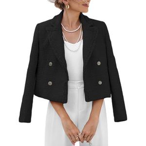 2025 Women's Spring Tweed Blazer Fashion Warm Fully-Lined Elegant Trendy Casual Double-Breasted Jacket with Pockets (Black) M