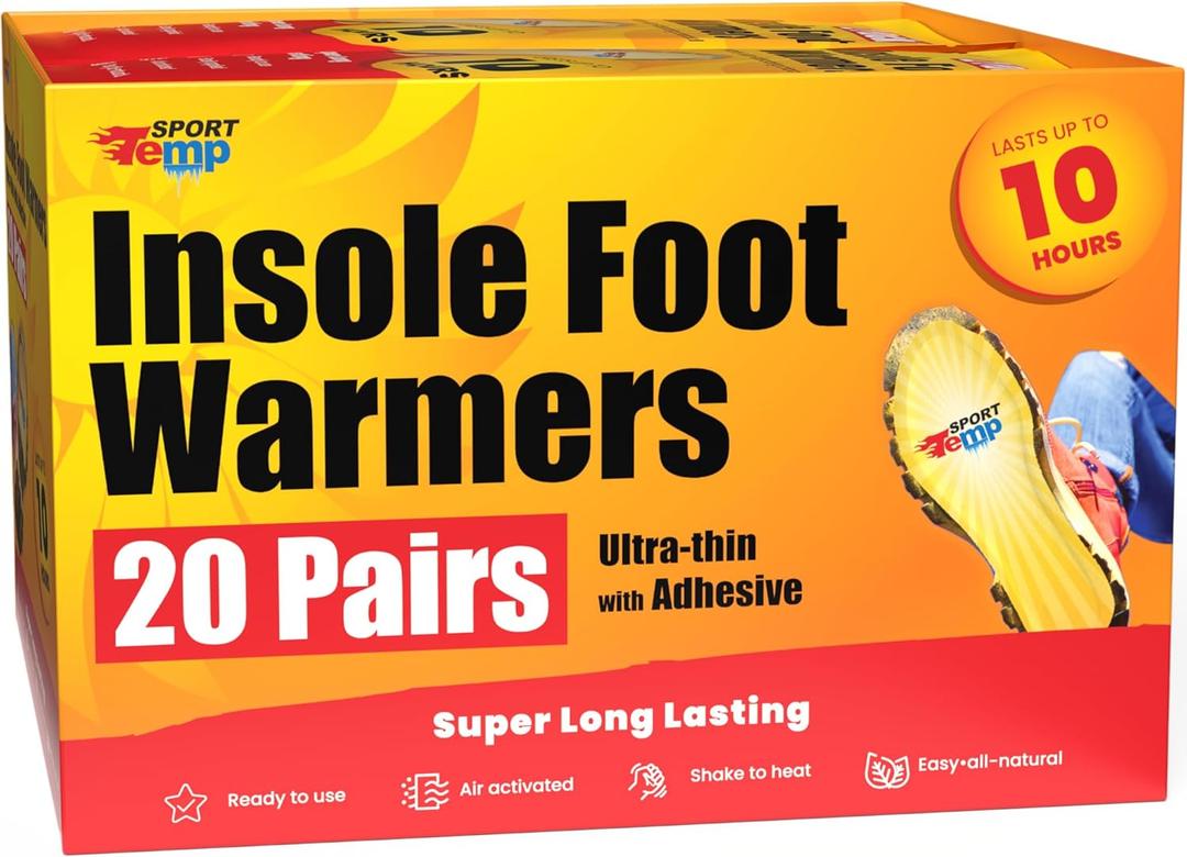 Insole Foot Warmers - Up to 10 Hours of Heat, Easily Apply with Adhesive - Ultra Thin, Easy, All Natural - Air Activated, Odorless Hot Insole Warmers - Sport Temp, 20 Pairs 40 Ct