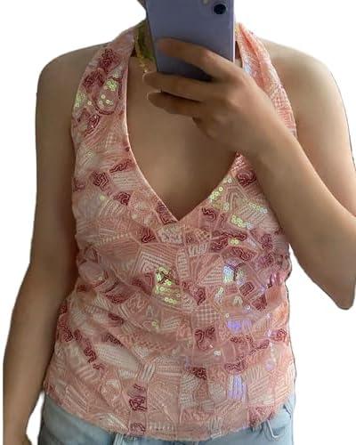 Womens Metallic Sequins Halter Cami Top Embroidery Backless Party Tank Tops V Neck Glitter Party Shirts S