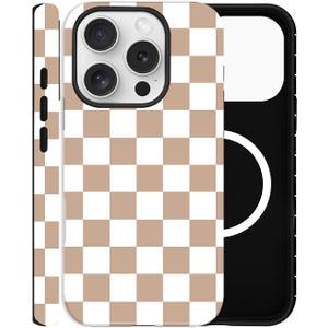 Checkered Phone Case for iPhone 15 Pro Max, Compatible with MagSafe, Aesthetic Checkerboard Cute Magnetic Design Hybrid 2-Layer Hard Shell Cover for Women, Brown