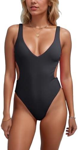geluboao One Piece Swimsuits for Women Sexy V Neck Cutout Adjustable Push Up Tummy Control High Cut Thong Bathing Suit,XXL
