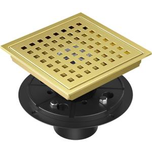 EXF Shower Drain 6 Inch Brushed Gold, Stainless Steel Square Shower Floor Drain Kit with ABS Flange, Removable Cover Grid Grate, Hair Strainer