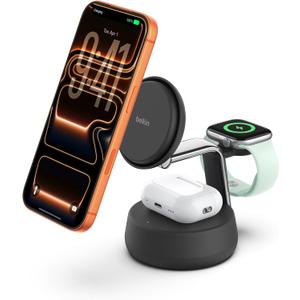 Belkin MagSafe Charger Compatible, 3-in-1 Charging Station, Qi2.2 25W w/Cooling Fan (On/Off Control) Magnetic Wireless Charger for iPhone 17, Apple Watch, AirPods, Pixel 10 (45W Adapter Included)