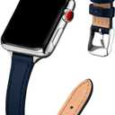 STIROLL Slim Leather Bands Compatible with Apple Watch Band 38mm 40mm 41mm 42mm(Series 11 10), Top Grain Leather Watch Thin Wristband for iWatch SE 9 8 7 6 5 4 3 2 1 , Navy with Silver 