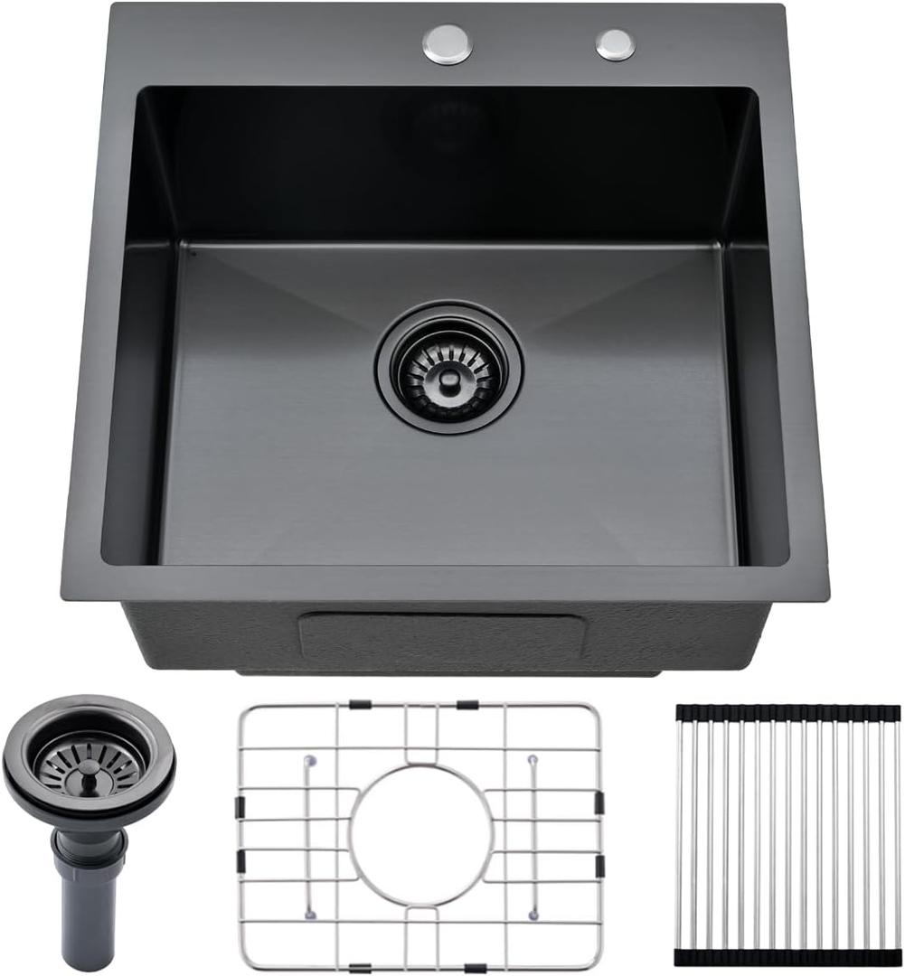 20-inch Drop in Kitchen Sink Black - VOKIM 20"x 19" Top Mount Handmade Small Kitchen Bar Sink 16 Gauge Stainless Steel Single Bowl sink Brushed Nickel, With Dish Grid 20-inch Drop in Kitchen Sink Black - VOKIM 20"x 19" Top Mount Handmade Small Kitchen Bar Sink 16 Gauge Stainless Steel Single Bowl sink Brushed Nickel, With Dish Grid