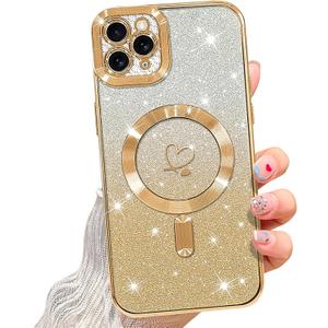 NITITOP Compatible with iPhone 11 Pro Max Case Cute Clear Glitter [Compatible for MagSafe] Plating Heart Sparkle Bling Magnetic Girl Women Electroplated Frame Camera Protection Back Cover - Gold