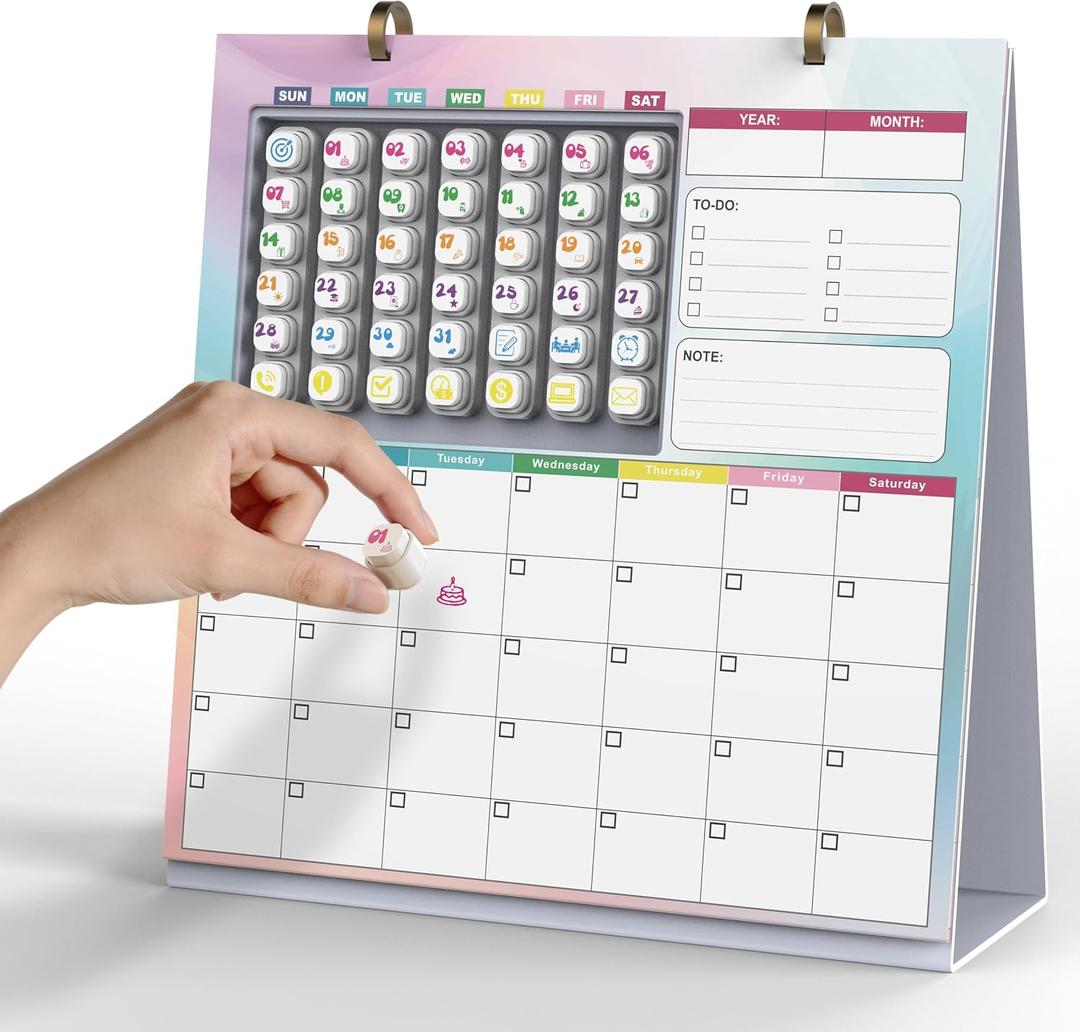 Kids Monthly Planner with 42 Event Stamps, Reusable Desk Calendar | Undated Desktop Planner, Replaceable Pages, Date Display Stamps Box, For Habits, Journaling & Family Planning