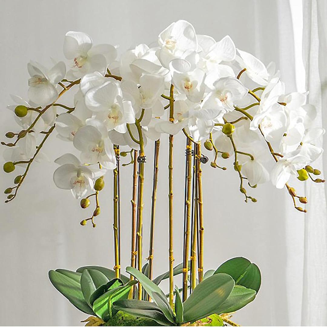 Artificial Orchid Plant, 35 Inch 4 Pcs Phalaenopsis Flowers with Leaves, Real Touch Orchid Stems for Home Decoration